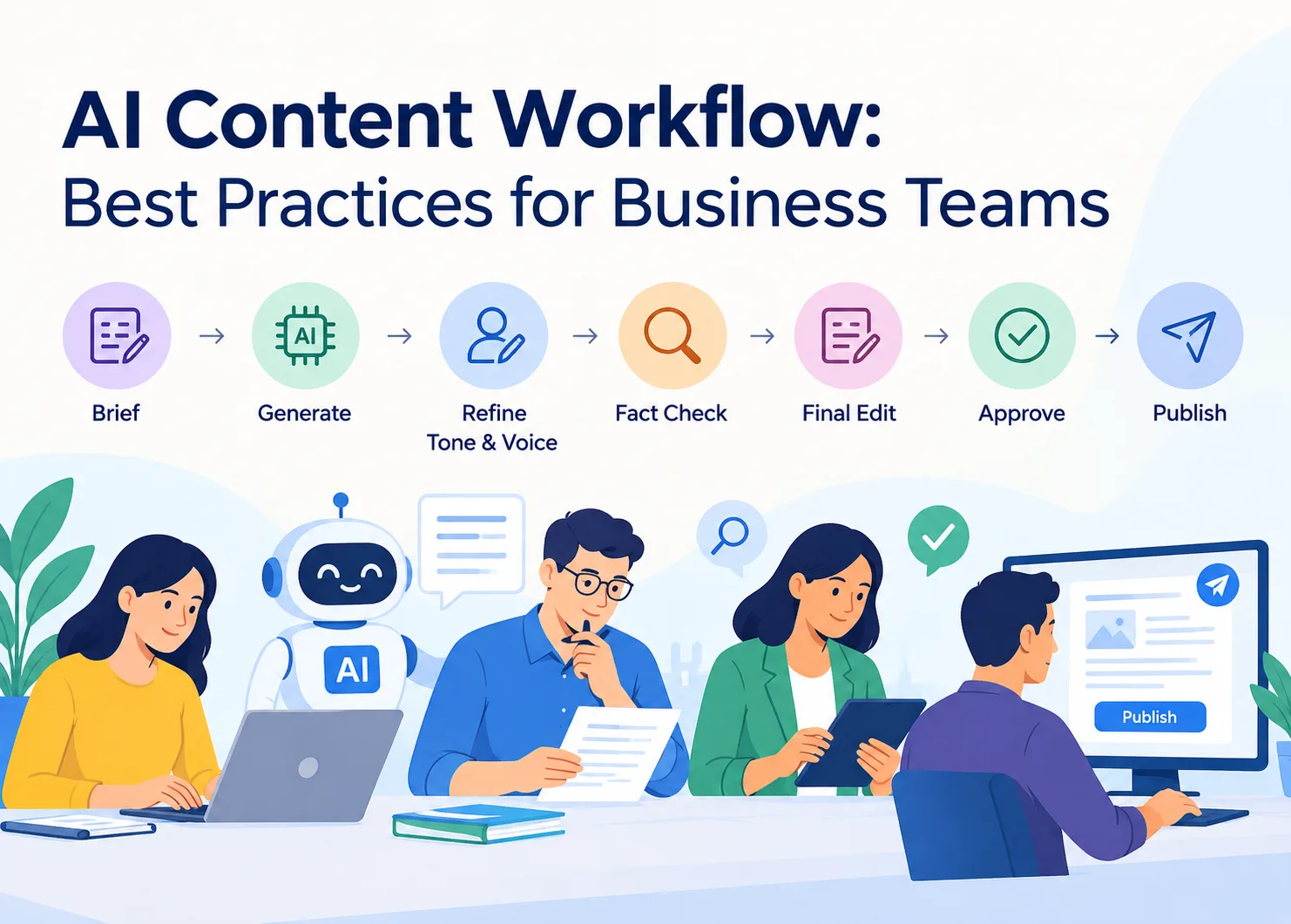 AI content workflow banner illustrating business teams using artificial intelligence to streamline content production, from creating briefs and generating drafts to refining tone, fact-checking, editing, approval, and publishing, with a friendly AI assistant supporting collaboration, productivity, and content quality.